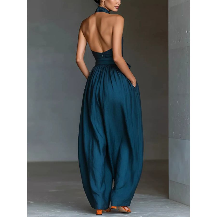 Halter Neck Wide-Leg Jumpsuit with Waist-Tie Detail Apparel and Accessories
