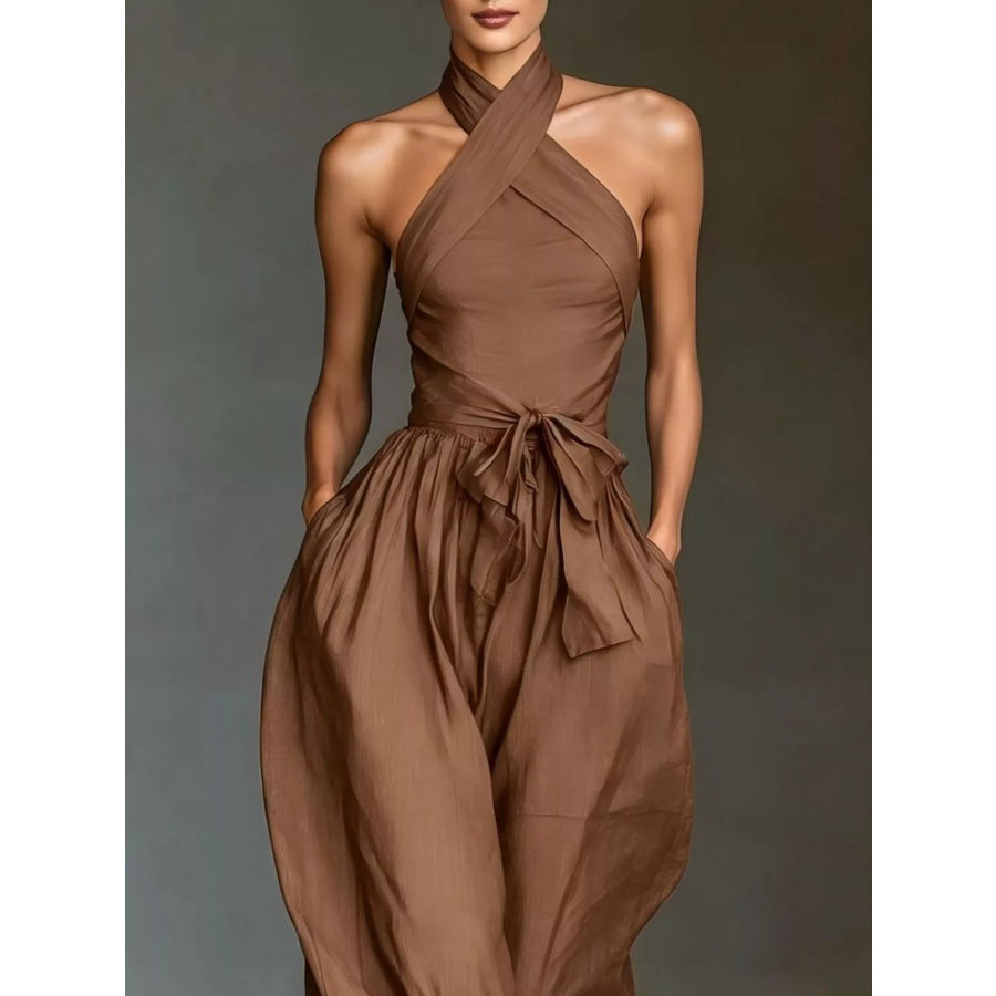 Halter Neck Wide-Leg Jumpsuit with Waist-Tie Detail Apparel and Accessories
