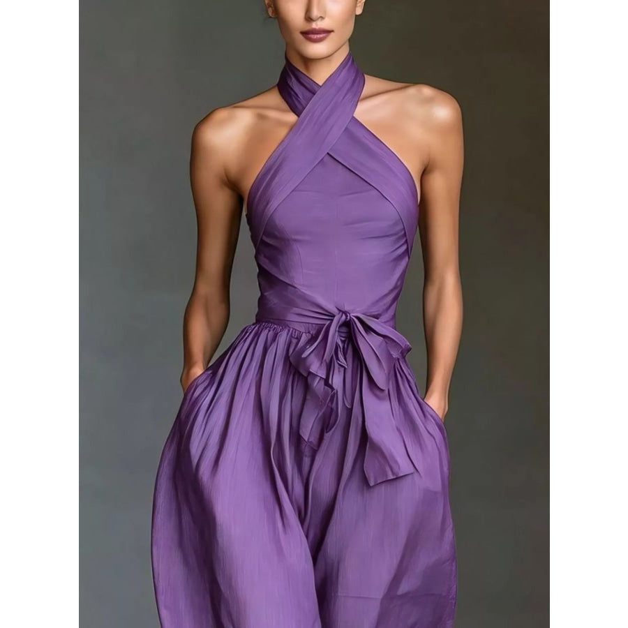 Halter Neck Wide-Leg Jumpsuit with Waist-Tie Detail Apparel and Accessories