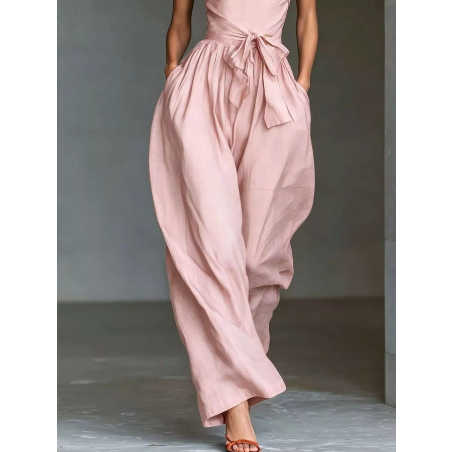 Halter Neck Wide-Leg Jumpsuit with Waist-Tie Detail Apparel and Accessories