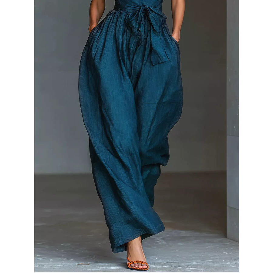 Halter Neck Wide-Leg Jumpsuit with Waist-Tie Detail Apparel and Accessories