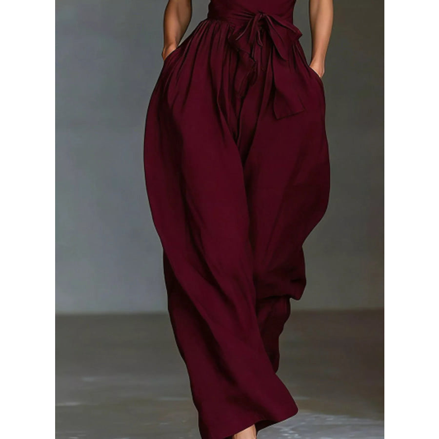 Halter Neck Wide-Leg Jumpsuit with Waist-Tie Detail Apparel and Accessories