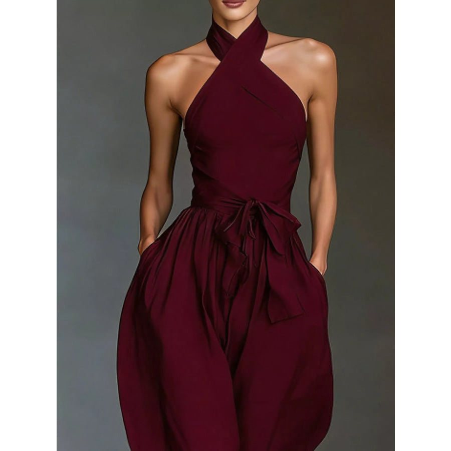 Halter Neck Wide-Leg Jumpsuit with Waist-Tie Detail Apparel and Accessories