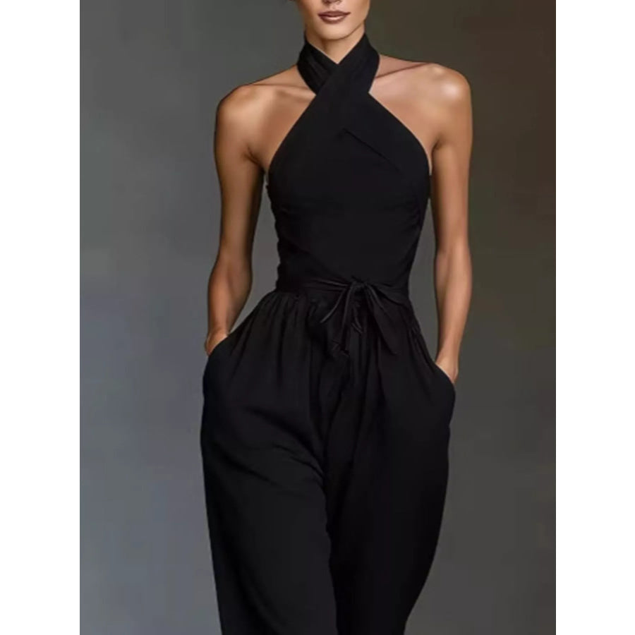 Halter Neck Wide-Leg Jumpsuit with Waist-Tie Detail Apparel and Accessories