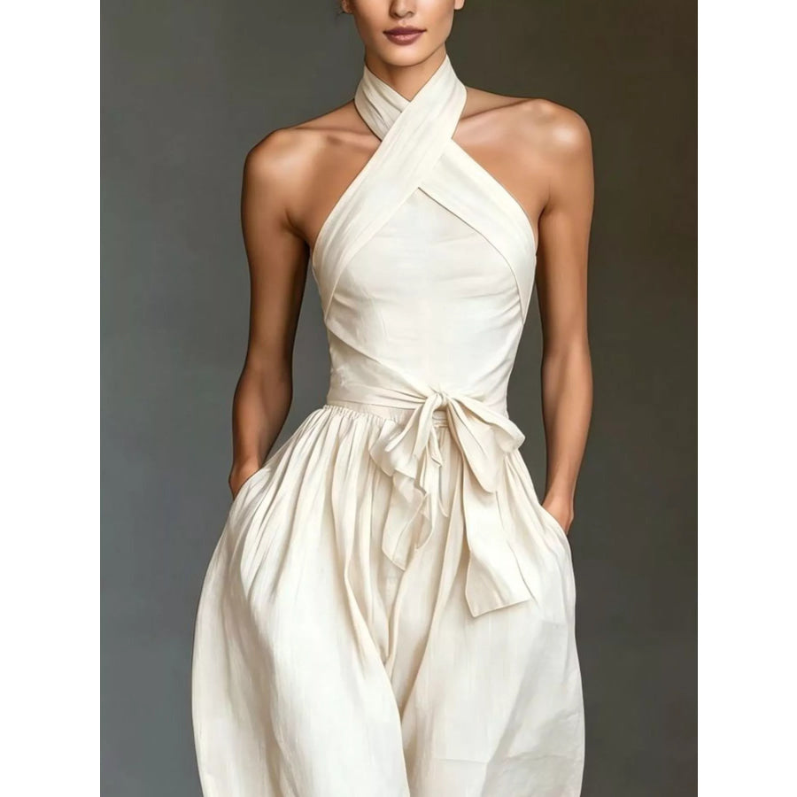 Halter Neck Wide-Leg Jumpsuit with Waist-Tie Detail Apparel and Accessories