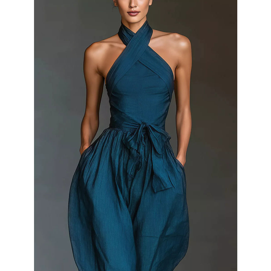 Halter Neck Wide-Leg Jumpsuit with Waist-Tie Detail Apparel and Accessories