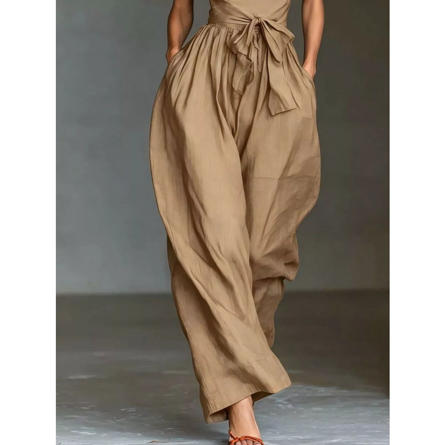 Halter Neck Wide-Leg Jumpsuit with Waist-Tie Detail Apparel and Accessories