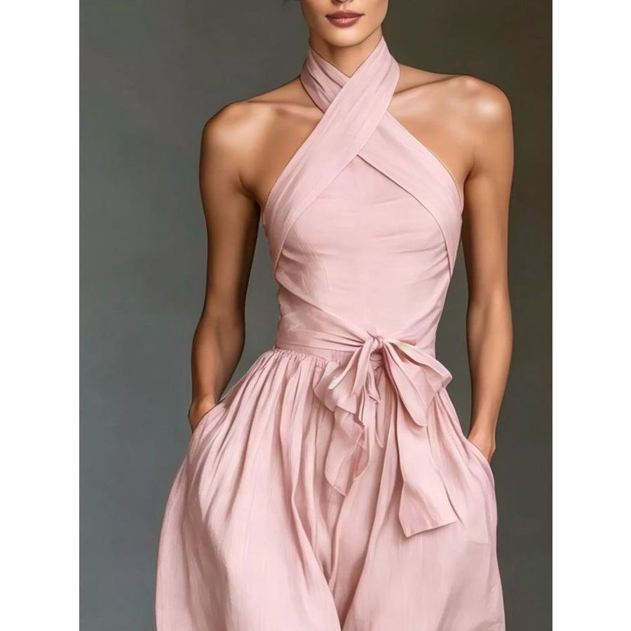 Halter Neck Wide-Leg Jumpsuit with Waist-Tie Detail Apparel and Accessories