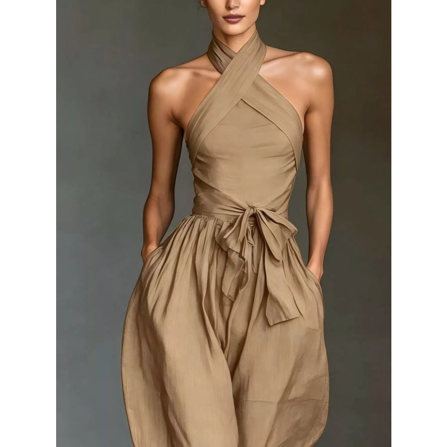 Halter Neck Wide-Leg Jumpsuit with Waist-Tie Detail Apparel and Accessories