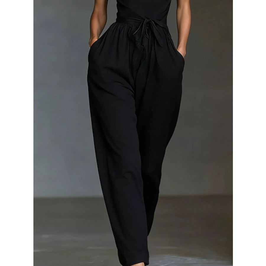 Halter Neck Wide-Leg Jumpsuit with Waist-Tie Detail Apparel and Accessories