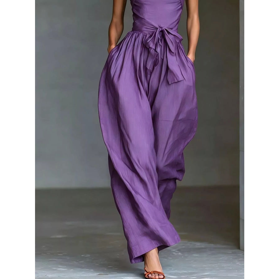 Halter Neck Wide-Leg Jumpsuit with Waist-Tie Detail Apparel and Accessories