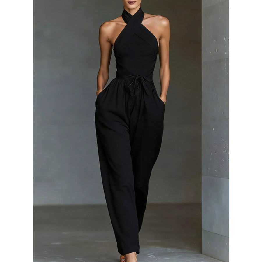 Halter Neck Wide-Leg Jumpsuit with Waist-Tie Detail Black / XS Apparel and Accessories
