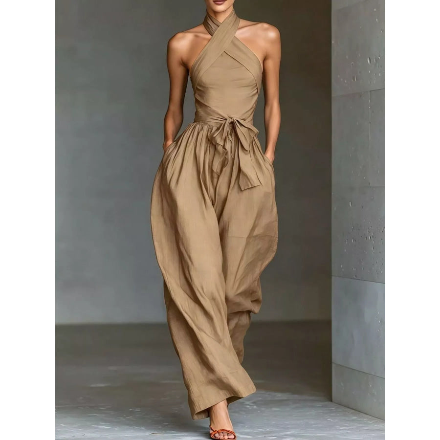 Halter Neck Wide-Leg Jumpsuit with Waist-Tie Detail Khaki / XS Apparel and Accessories