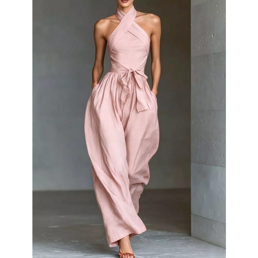 Halter Neck Wide-Leg Jumpsuit with Waist-Tie Detail Pink / XS Apparel and Accessories