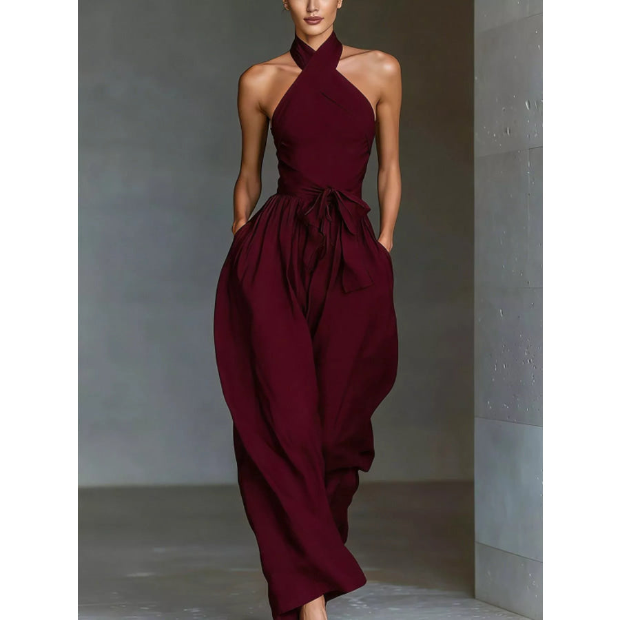 Halter Neck Wide-Leg Jumpsuit with Waist-Tie Detail Wine Red / XS Apparel and Accessories