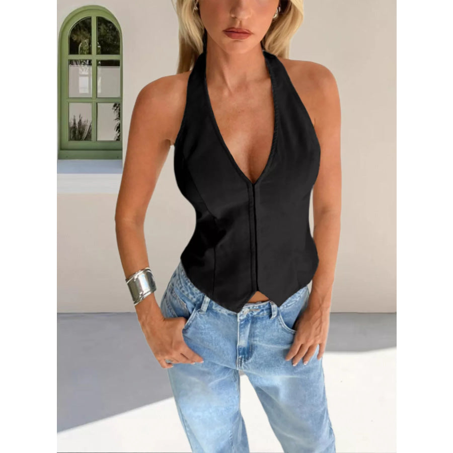 Halter Neck Zip-Up Tank Black / S Apparel and Accessories