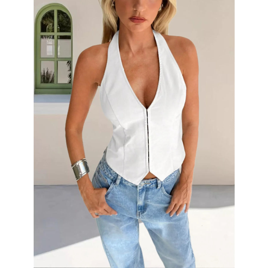 Halter Neck Zip-Up Tank White / S Apparel and Accessories