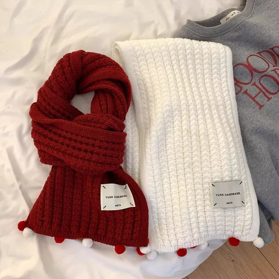 Handmade Knitted Pom-Pom Scarf Red / One Size Apparel and Accessories