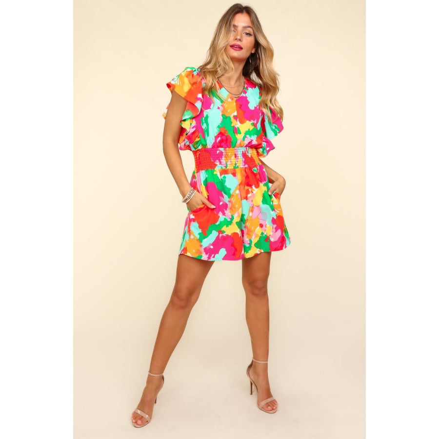 Haptics Abstract Floral Smocked Waist Romper Orange/Green/Fuchsia / S Apparel and Accessories