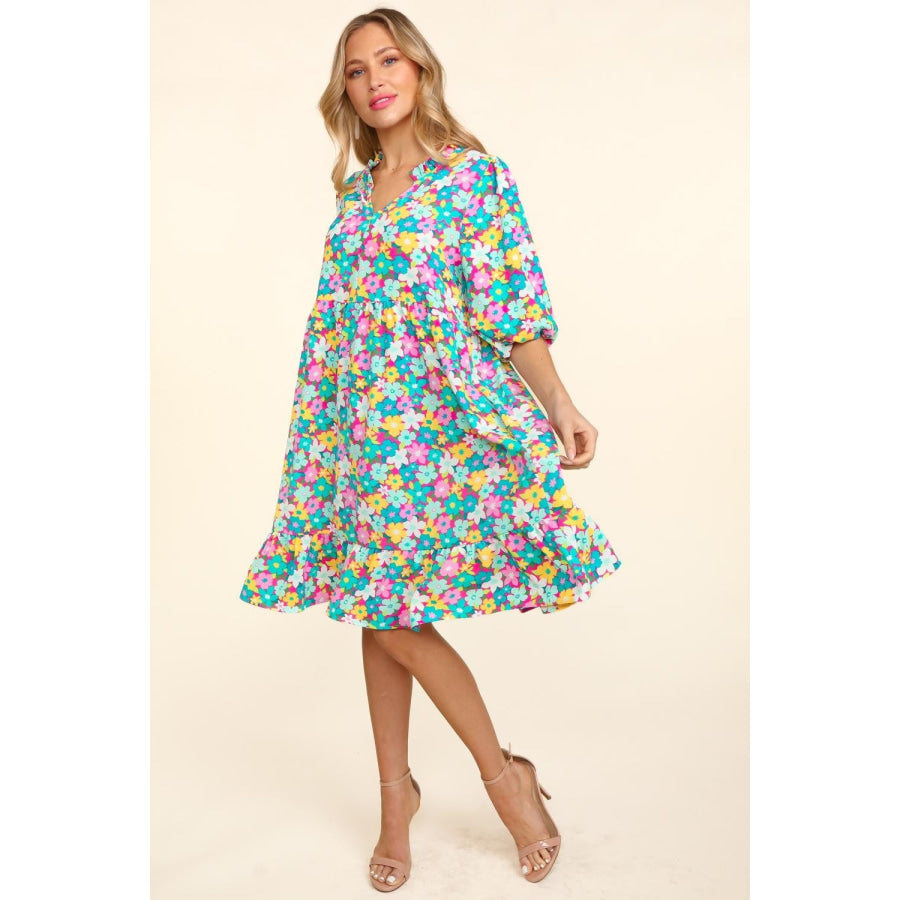 Haptics Bubble Sleeve Floral Ruffled Dress Apparel and Accessories