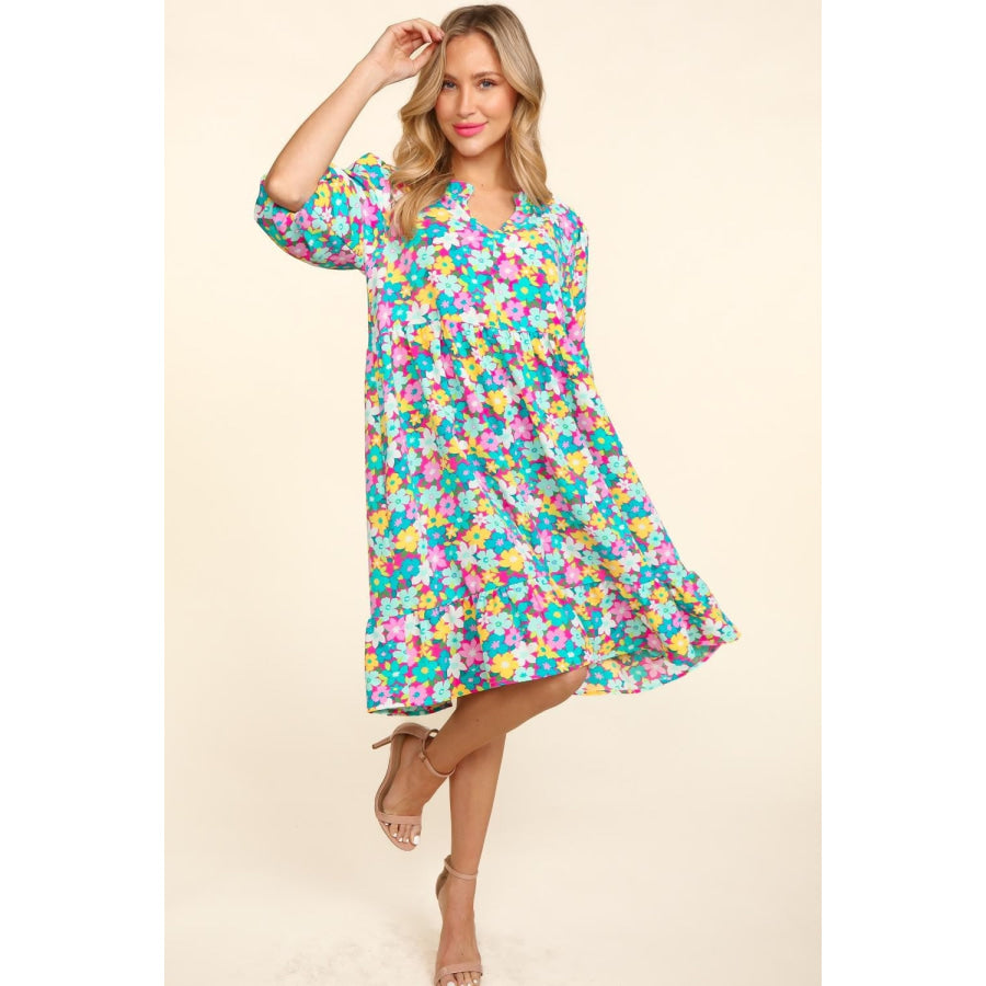 Haptics Bubble Sleeve Floral Ruffled Dress Apparel and Accessories