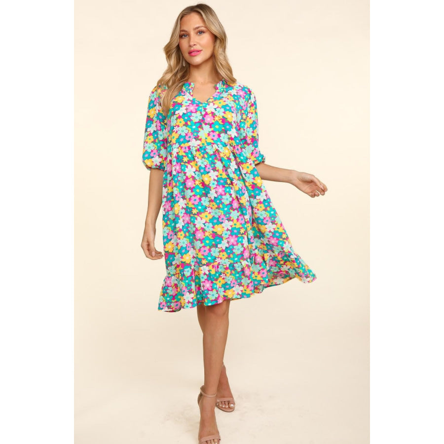 Haptics Bubble Sleeve Floral Ruffled Dress Mint/Fuchsia / S Apparel and Accessories