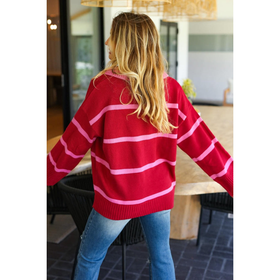 Haptics Collared Neck Striped Contrast Sweater Apparel and Accessories