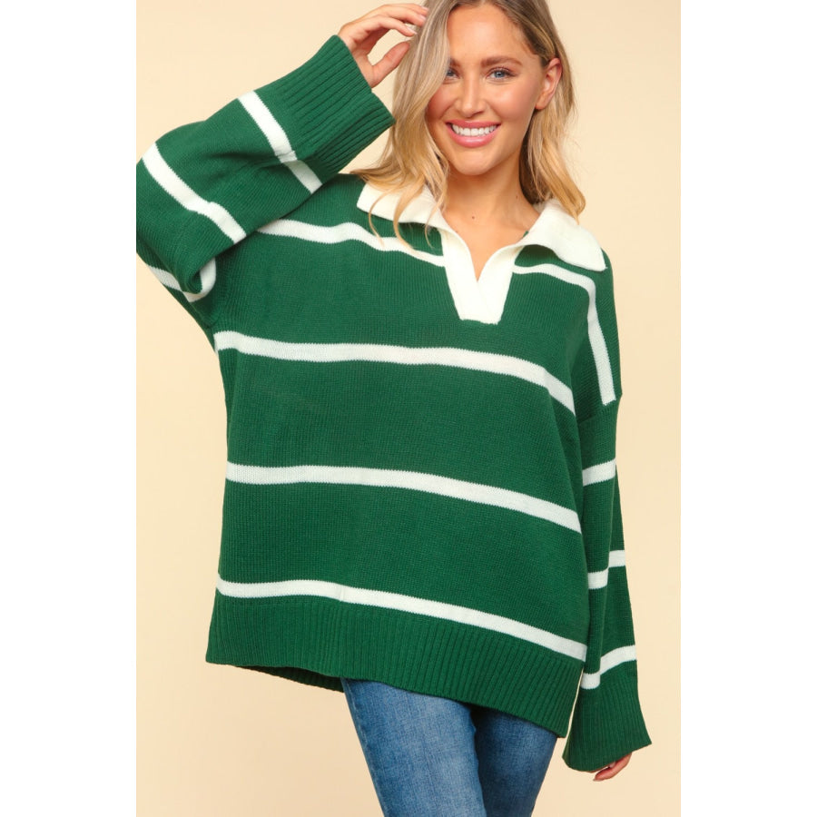 Haptics Collared Neck Striped Contrast Sweater Apparel and Accessories