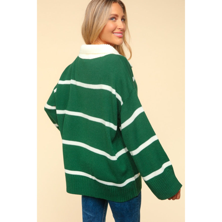 Haptics Collared Neck Striped Contrast Sweater Hunter Green/Ivory / S Apparel and Accessories