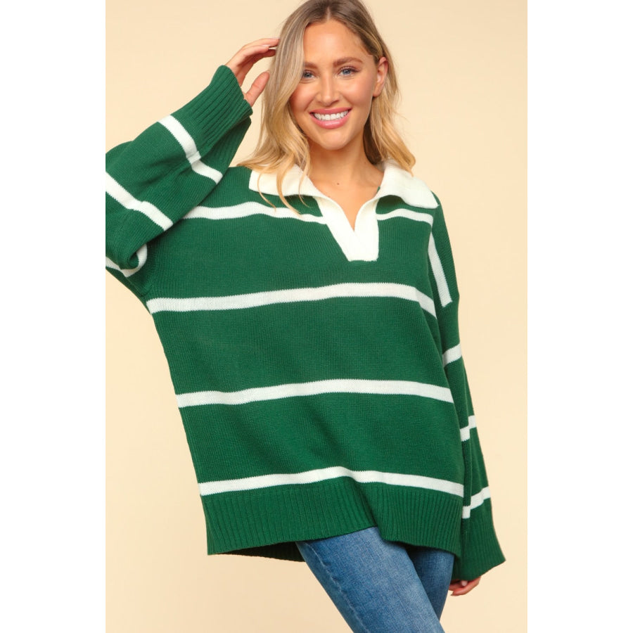 Haptics Collared Neck Striped Contrast Sweater Apparel and Accessories