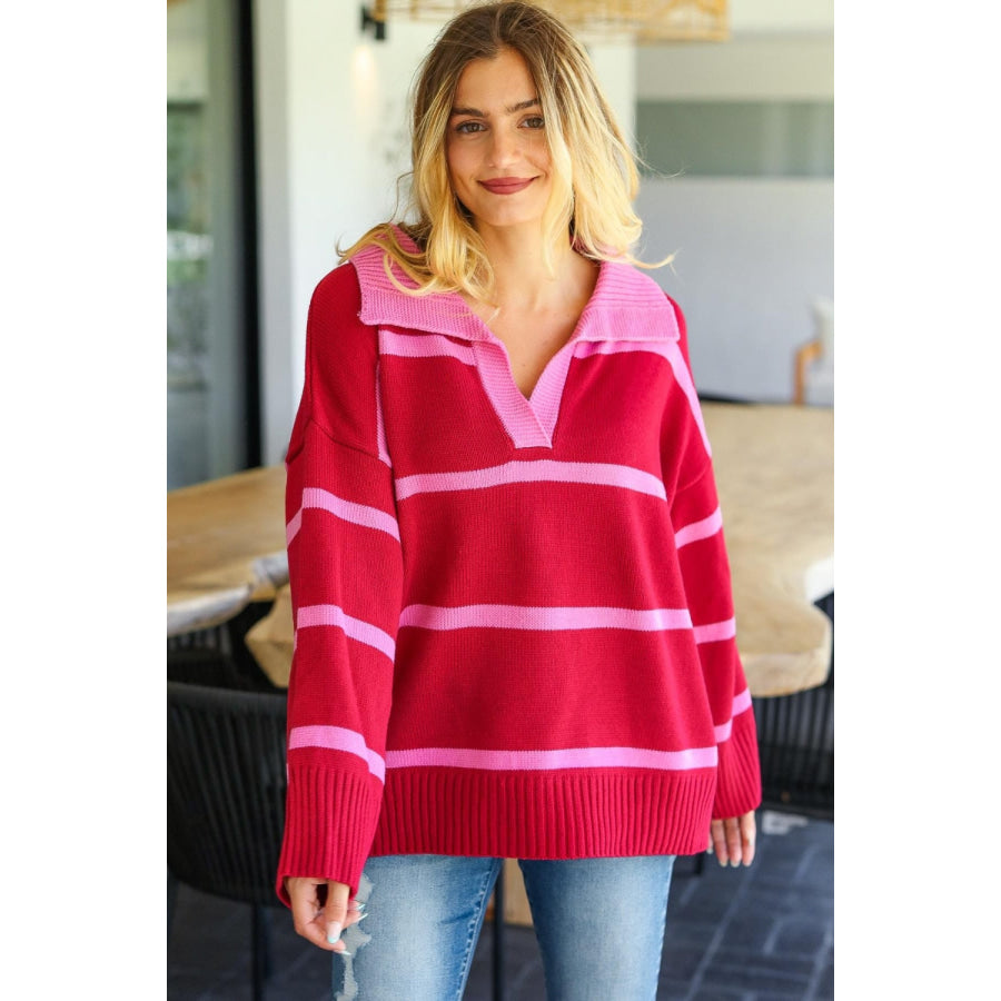 Haptics Collared Neck Striped Contrast Sweater Apparel and Accessories