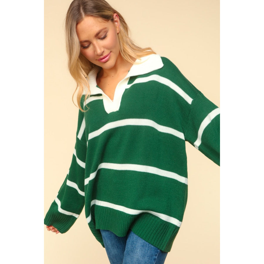 Haptics Collared Neck Striped Contrast Sweater Apparel and Accessories