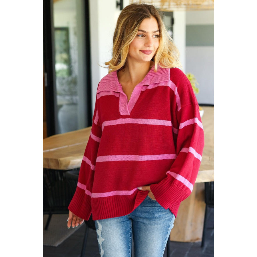 Haptics Collared Neck Striped Contrast Sweater Crimson/Pink / S Apparel and Accessories