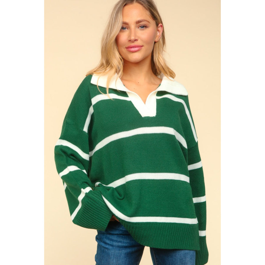 Haptics Collared Neck Striped Contrast Sweater Hunter Green/Ivory / S Apparel and Accessories