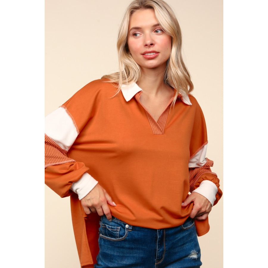 Haptics Color Block Exposed Seam Long Sleeve Top Apparel and Accessories