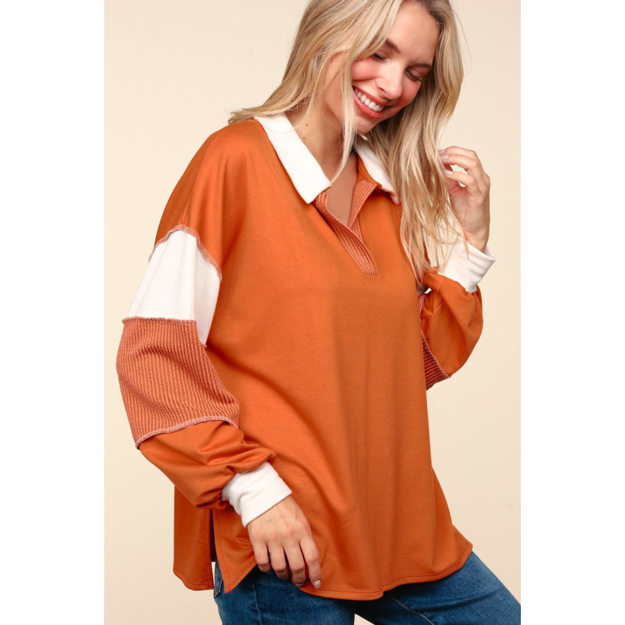 Haptics Color Block Exposed Seam Long Sleeve Top Apparel and Accessories