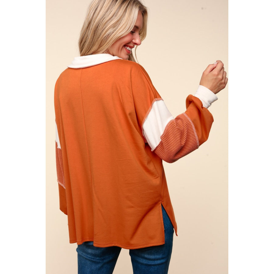 Haptics Color Block Exposed Seam Long Sleeve Top Rust / S Apparel and Accessories