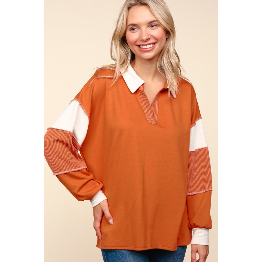 Haptics Color Block Exposed Seam Long Sleeve Top Apparel and Accessories