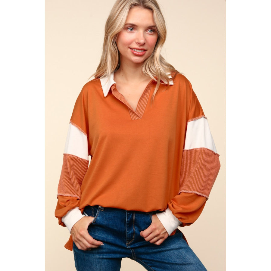 Haptics Color Block Exposed Seam Long Sleeve Top Rust / S Apparel and Accessories