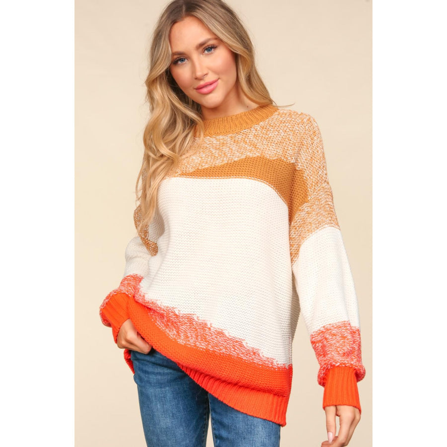 Haptics Color Block Long Sleeve Sweater Camel/Ivory/Orange / S Apparel and Accessories