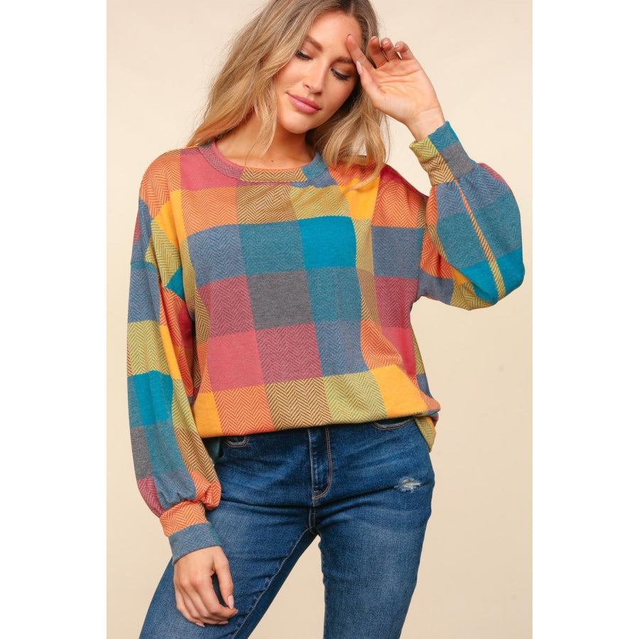 Haptics Contrast Plaid Round Neck Sweater Apparel and Accessories