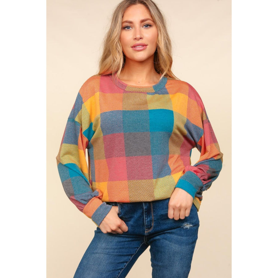 Haptics Contrast Plaid Round Neck Sweater Apparel and Accessories