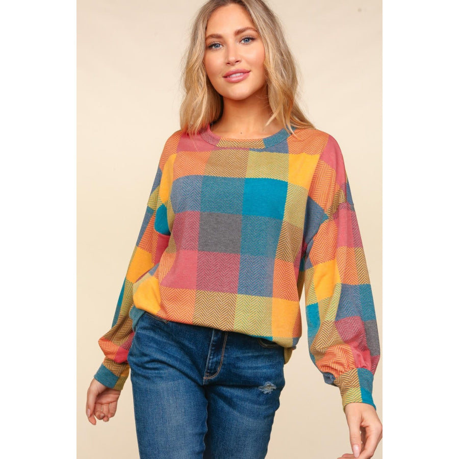 Haptics Contrast Plaid Round Neck Sweater Multi / S Apparel and Accessories