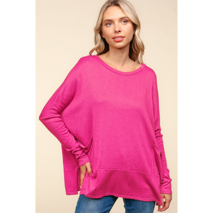 Haptics Dolman Long Sleeve Oversized Knit Top with Pockets Apparel and Accessories