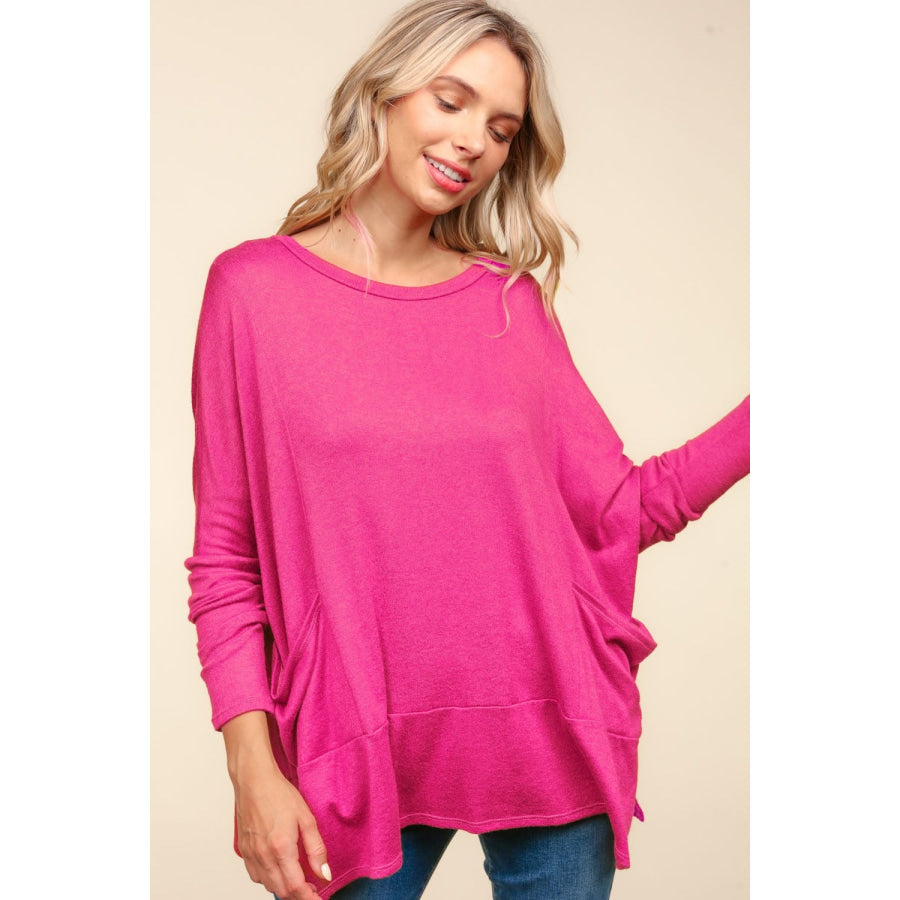 Haptics Dolman Long Sleeve Oversized Knit Top with Pockets Fuchsia / S Apparel and Accessories