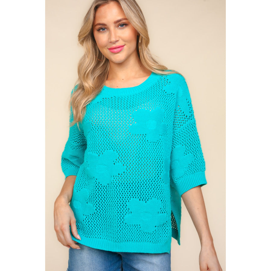 Haptics Floral Crochet Side Slit Knit Top Apparel and Accessories