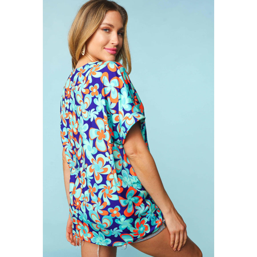Haptics Floral Drop Shoulder Short Sleeve T-Shirt Seafoam/Royal/Orange / S Apparel and Accessories