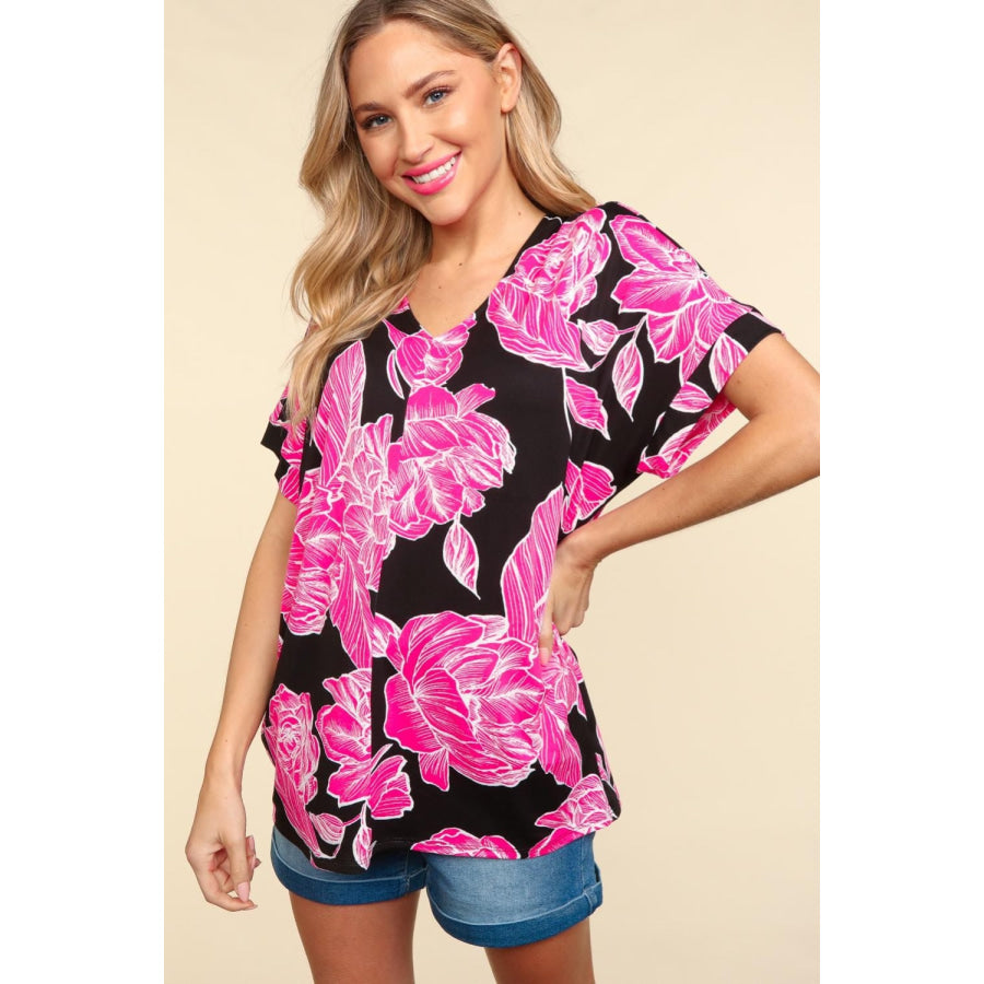 Haptics Floral Drop Shoulder T-Shirt Black/Hot Pink / S Apparel and Accessories