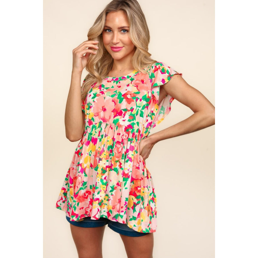 Haptics Floral Peplum Babydoll Blouse Fuchsia/Peach / S Apparel and Accessories