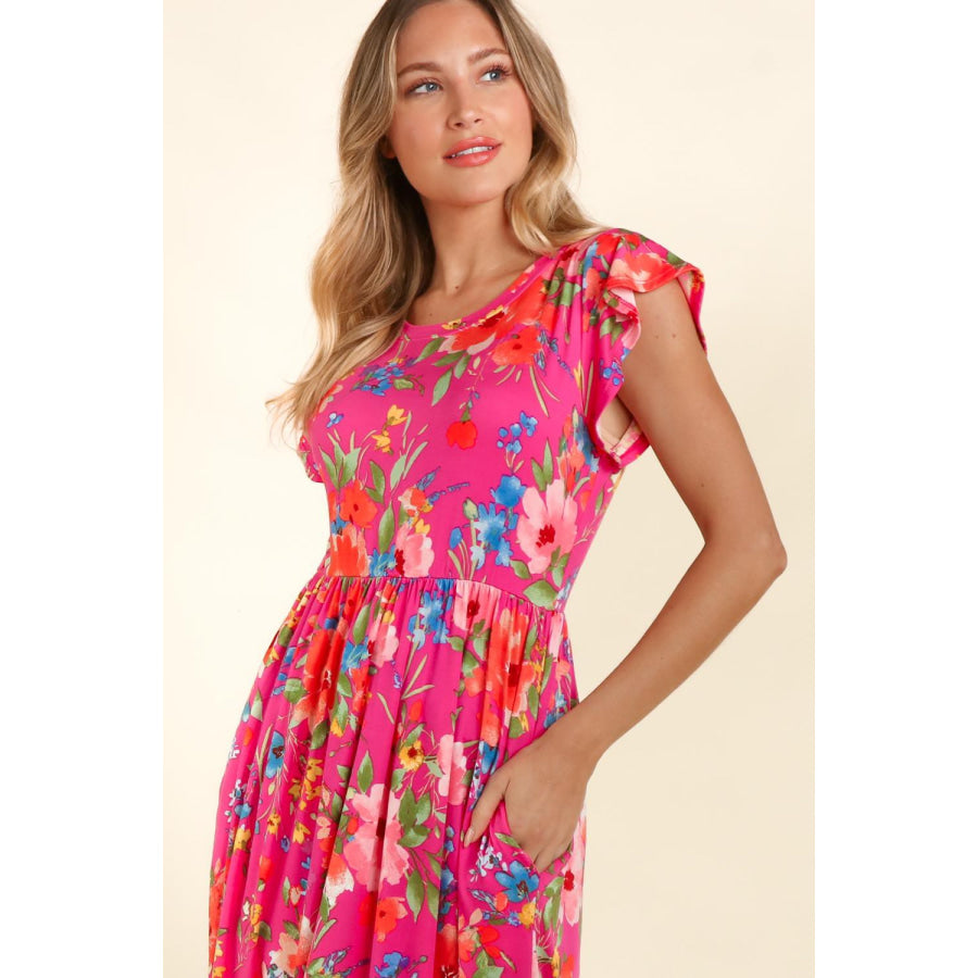 Haptics Floral Ruffled Round Neck Cap Sleeve Dress Apparel and Accessories